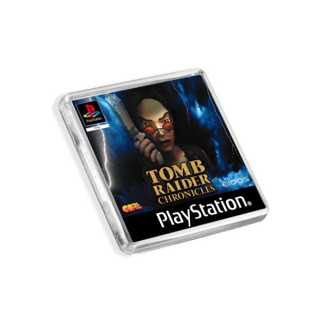 Plastic Tomb Raider Chronicles PS1 fridge magnet on a white background