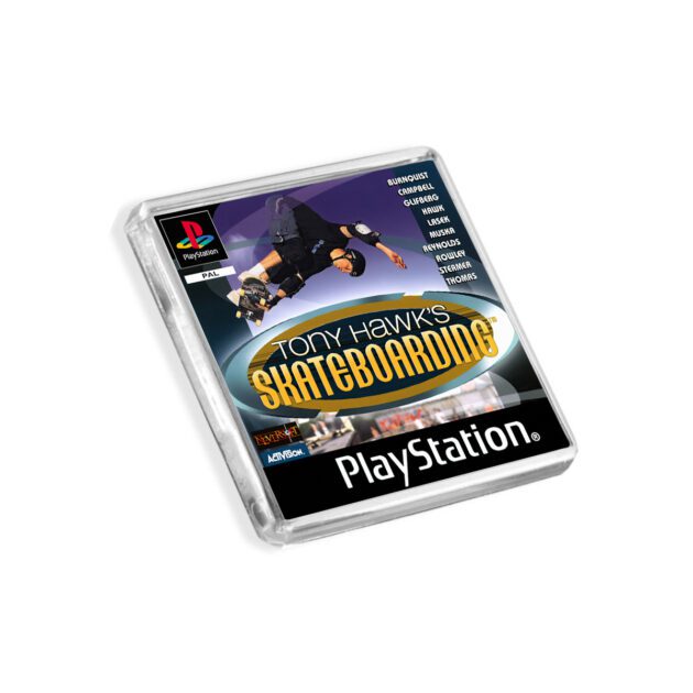 Plastic Tony Hawk's Skateboarding PS1 fridge magnet on a white background