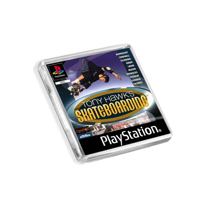 Plastic Tony Hawk's Skateboarding PS1 fridge magnet on a white background