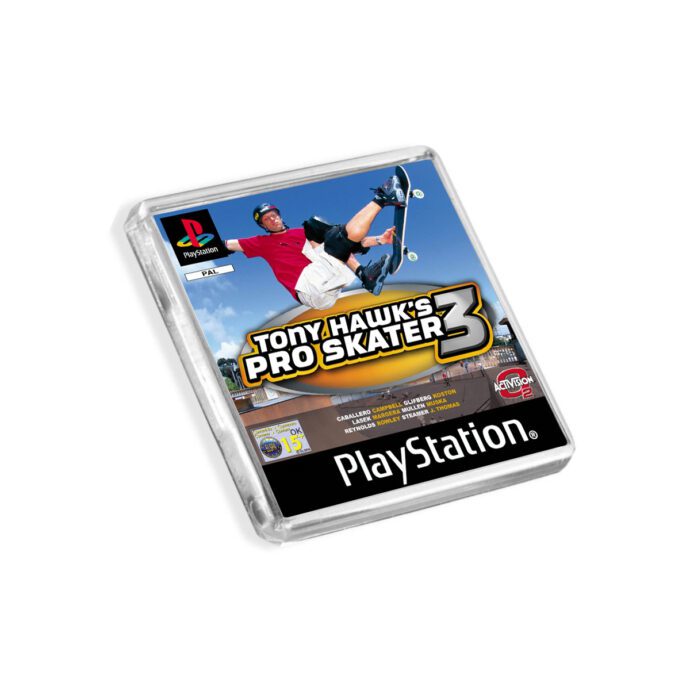 Plastic Tony Hawk Pro Skater 3 PS1 fridge magnet on a white background