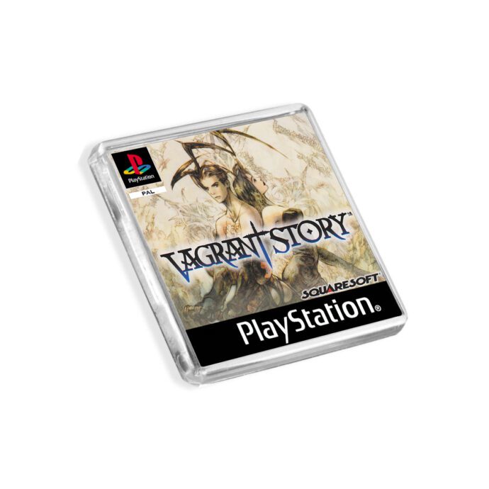 Plastic Vagrant Story PS1 fridge magnet on a white background