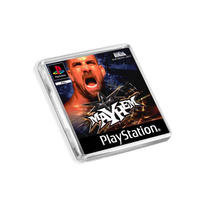 Plastic WCW Mayhem PS1 fridge magnet on a white background