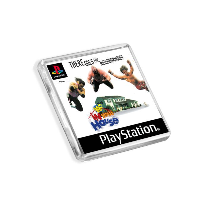 Plastic WWF In Your House PS1 fridge magnet on a white background