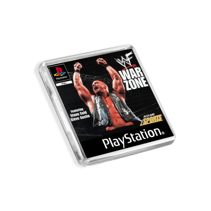 Plastic WWF War Zone PS1 fridge magnet on a white background