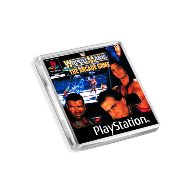 Plastic WWF Wrestlemania PS1 fridge magnet on a white background