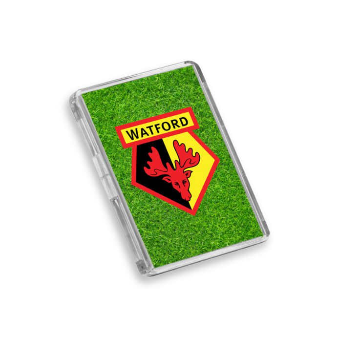 Plastic Watford fridge magnet on a white background