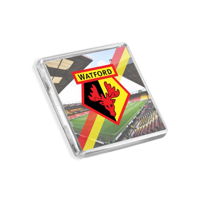 Plastic Watford fridge magnet on a white background