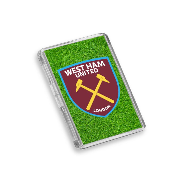 Plastic West Ham United fridge magnet on a white background