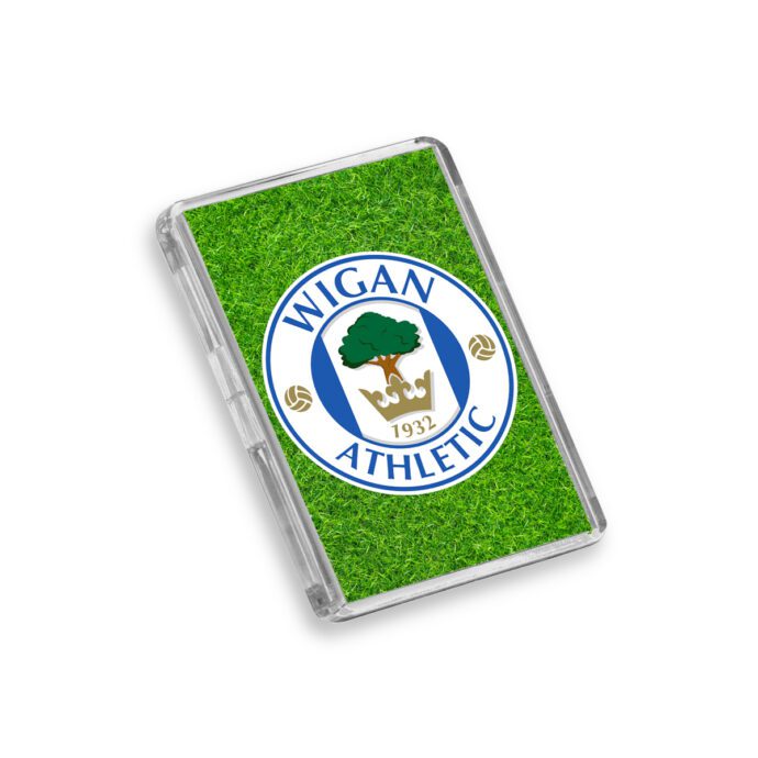 Plastic Wigan Athletic fridge magnet on a white background