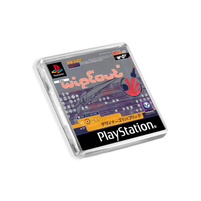 Plastic Wipeout PS1 fridge magnet on a white background