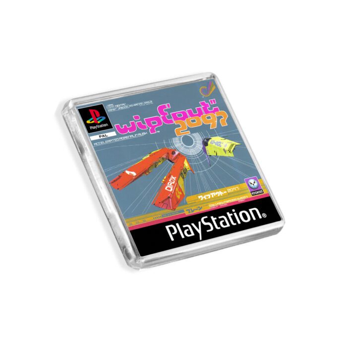 Plastic Wipeout 2097 PS1 fridge magnet on a white background