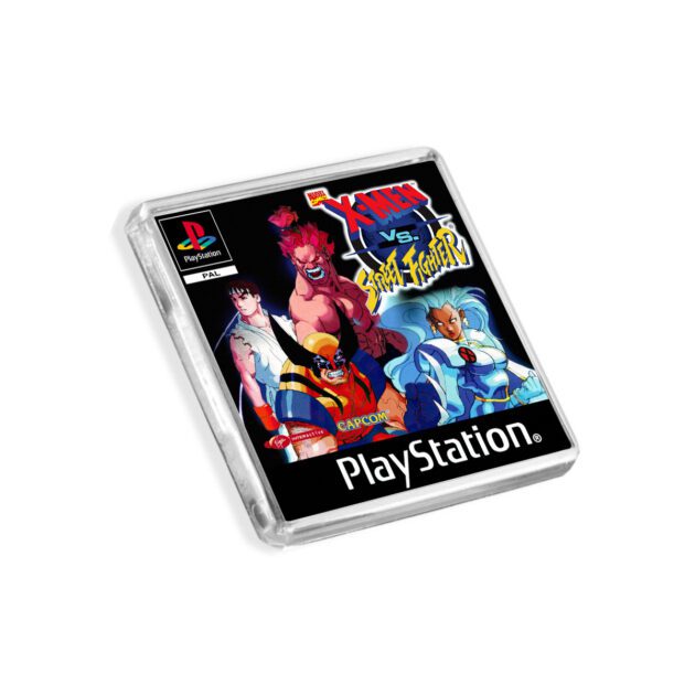 Plastic X-Men vs Street Fighter PS1 fridge magnet on a white background