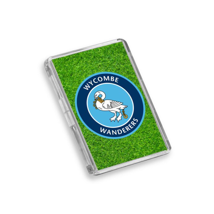 Plastic Wycombe Wanderers fridge magnet on a white background