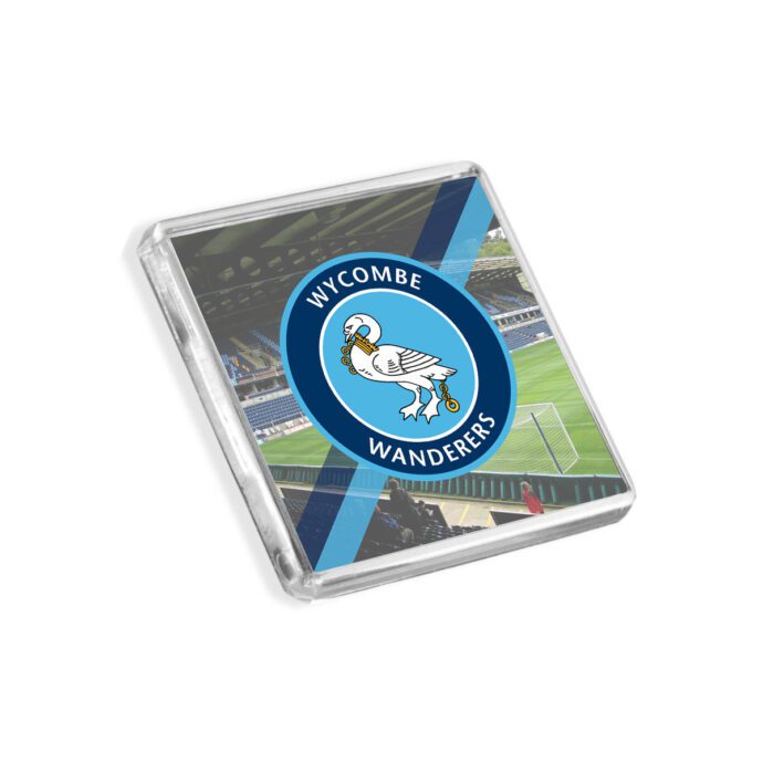 Plastic Wycombe Wanderers fridge magnet on a white background