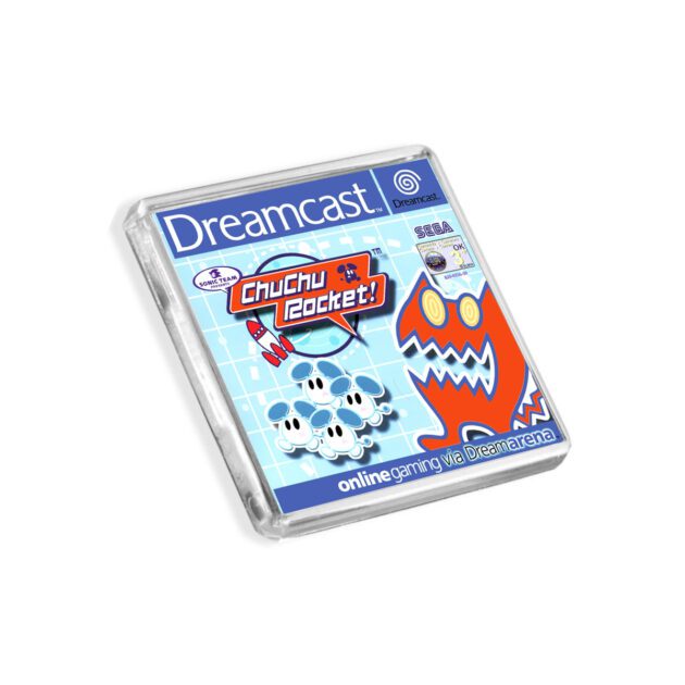 Plastic Dreamcast ChuChu Rocket fridge magnet on a white background