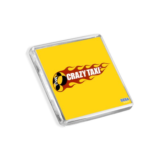 Plastic Dreamcast Crazy Taxi fridge magnet on a white background