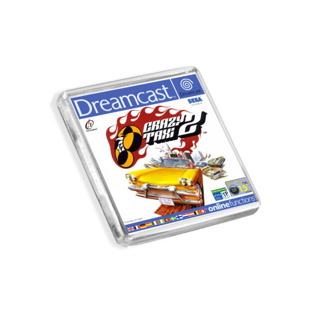 Plastic Dreamcast Crazy Taxi 2 fridge magnet on a white background