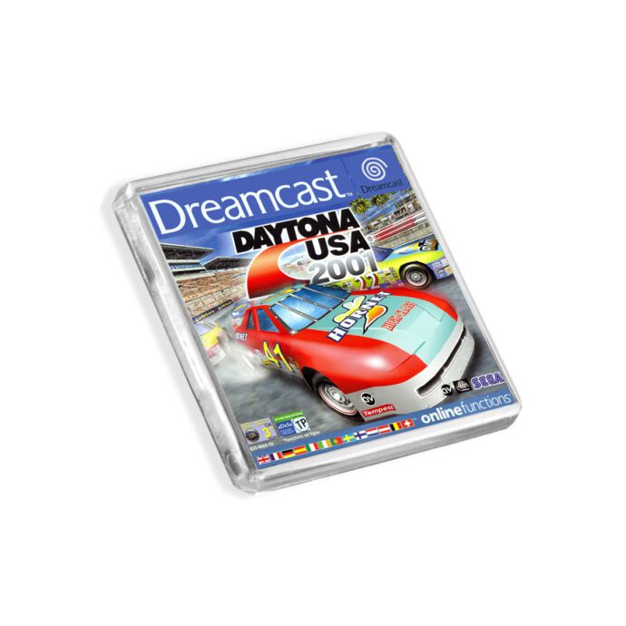 Plastic Dreamcast Daytona USA 2001 fridge magnet on a white background