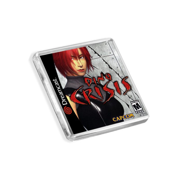 Plastic Dreamcast Dino Crisis fridge magnet on a white background