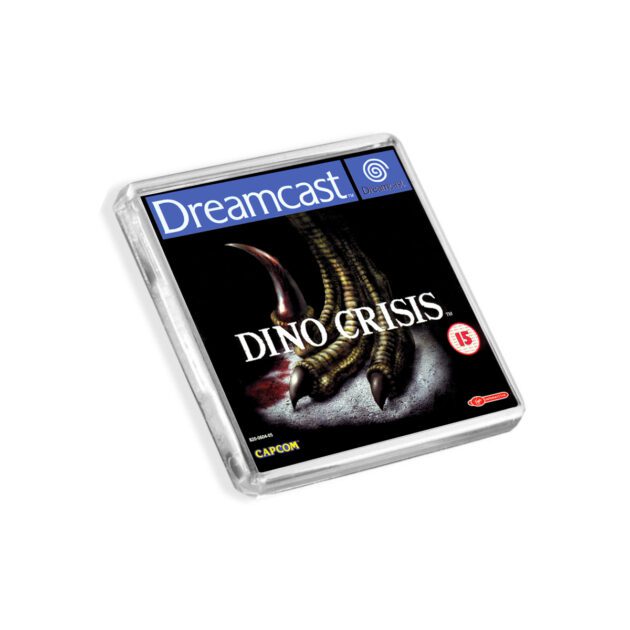 Plastic Dreamcast Dino Crisis fridge magnet on a white background