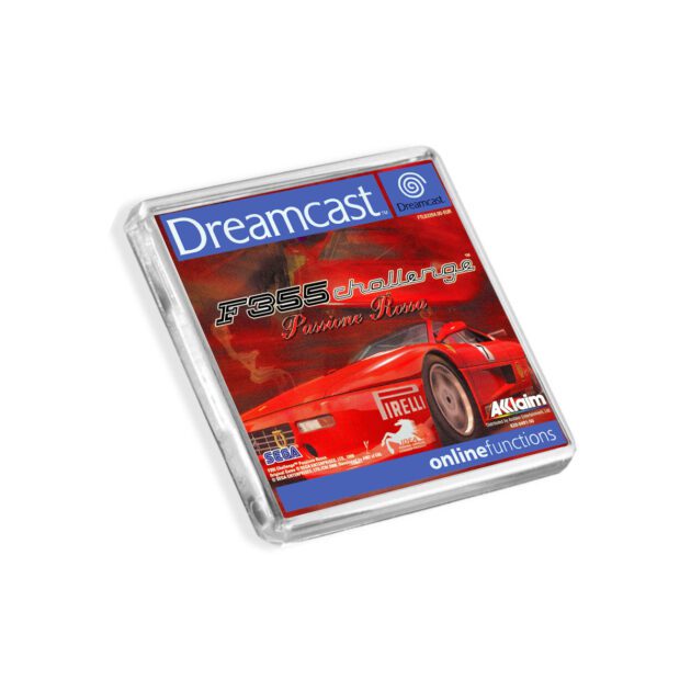 Plastic Dreamcast Ferrari F355 Challenge fridge magnet on a white background