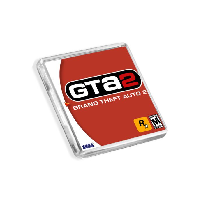 Plastic Dreamcast GTA 2 fridge magnet on a white background