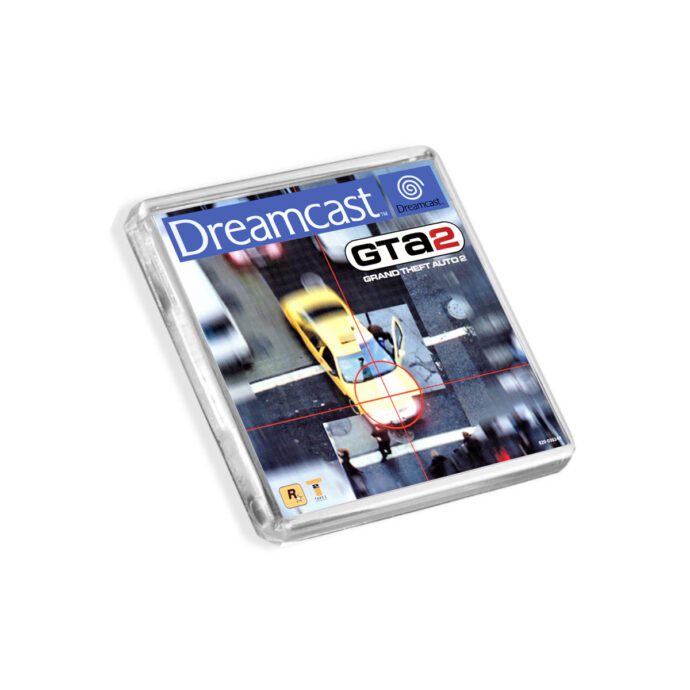 Plastic Dreamcast GTA 2 fridge magnet on a white background