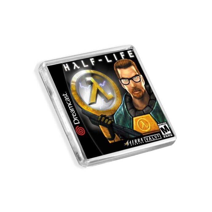 Plastic Dreamcast Half-Life fridge magnet on a white background