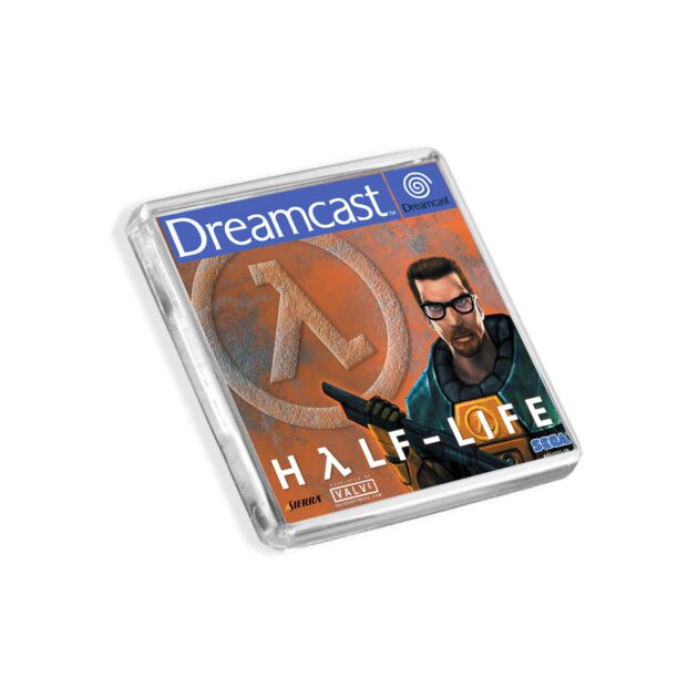 Plastic Dreamcast Half-Life fridge magnet on a white background