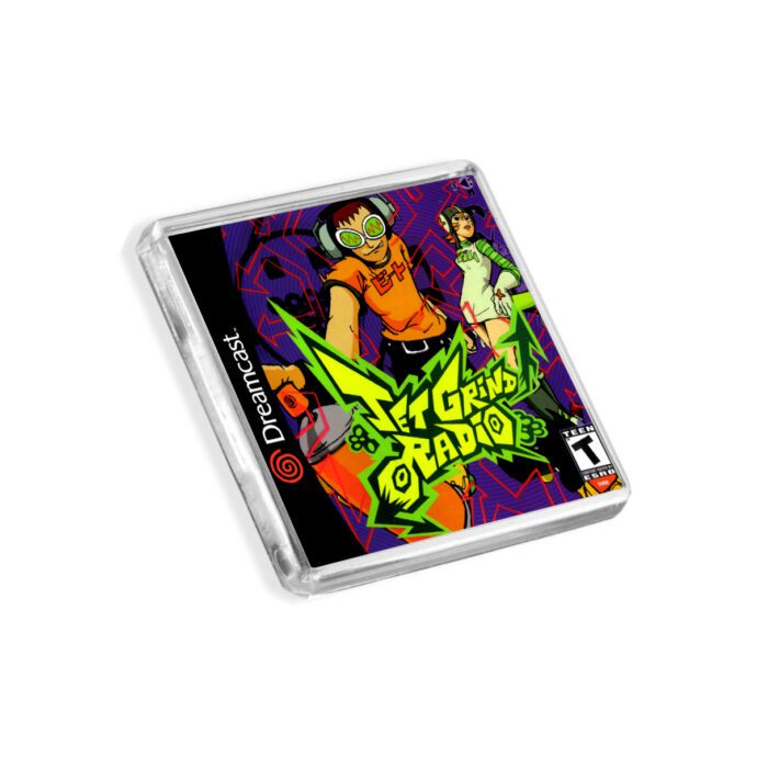 Plastic Dreamcast Jet Grind Radio fridge magnet on a white background