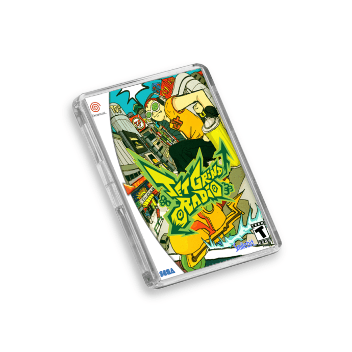 Plastic Dreamcast Jet Grind Radio fridge magnet on a white background