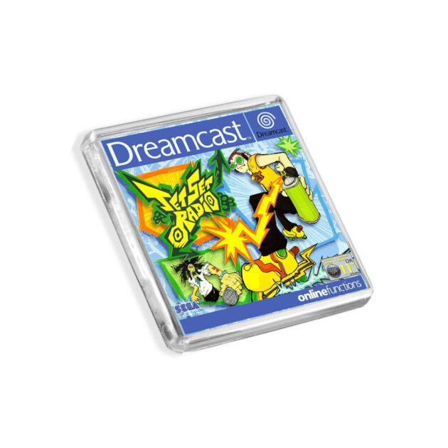 Plastic Dreamcast Jet Set Radio fridge magnet on a white background